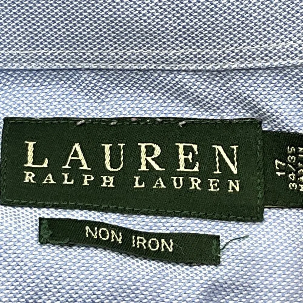 Polo Ralph Lauren Shirt Men 17 Blue 100% Cotton Long‎ Sleeve Button Non Iron